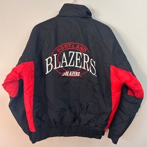 Portland Trail Blazers Jacket Mens L Black Red 90s Vintage NBA Puffer Spellout